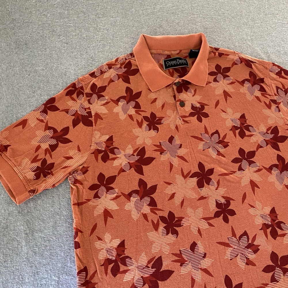Ocean Pacific Menswear Polo Shirt Medium Orange Hawaiian Red Floral Travel - Picture 1 of 14